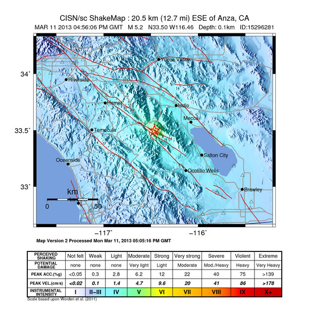Shakemap of the March 11, 2013 earthquake in southern California.