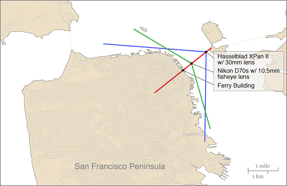Map showing the shooting locations and lens field of view