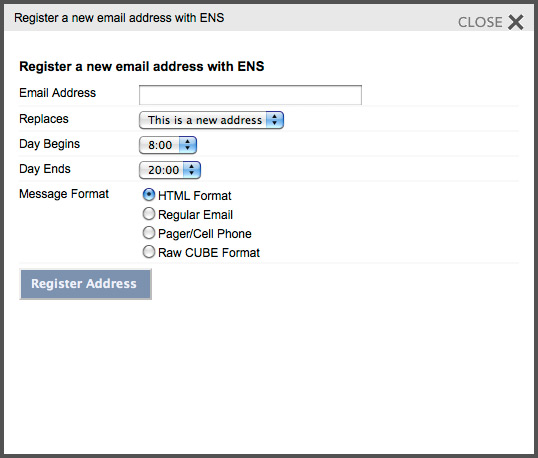 Register new address dialog box