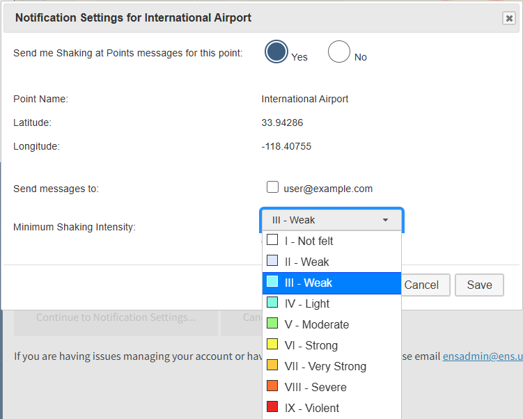 Notification 
            Settings modal with the Minimum Shaking Intensity dropdown open, showing options including I - Not felt, 
            III - Weak, IV - Light, V - Moderate, and VI - Strong.