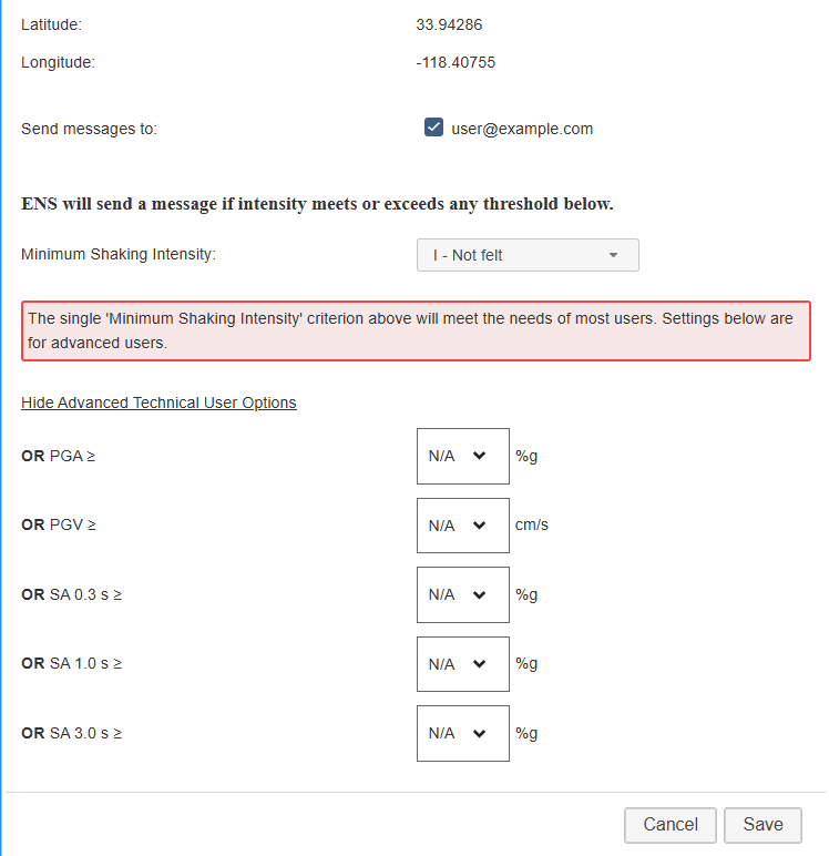 Notification Settings 
            modal with Advanced Technical User Options expanded, showing intensity measure fields including PGA, PGV, 
            SA(0.3), SA(1.0), and SA(3.0).
