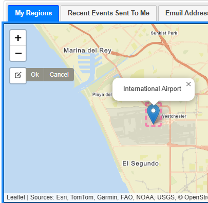 Map zoomed in on a marker in 
            edit mode, indicated by a dashed outline, with Ok and Cancel options on the toolbar.