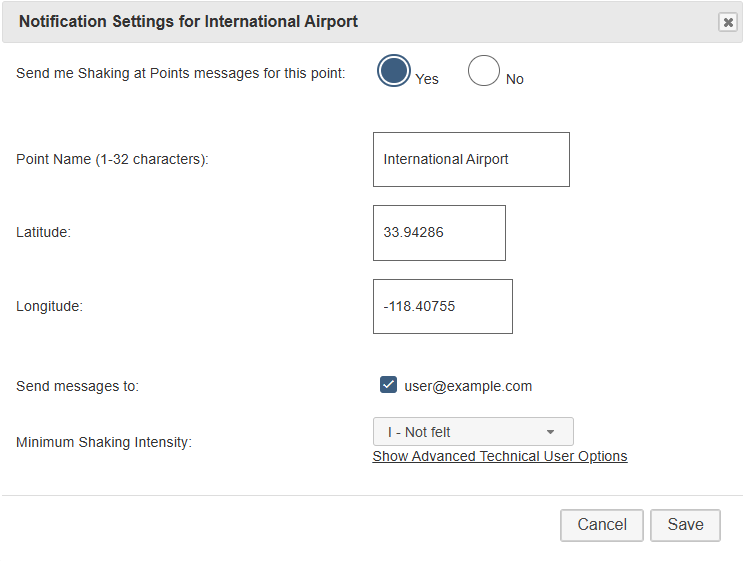 Notification Settings modal 
        in edit mode with fields for active toggle, point name, latitude, longitude, notification addresses, and minimum 
        shaking intensity. The My Points table Edit button is disabled in the background.