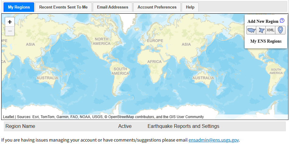 ENS map interface in its initial state, 
        showing the region panel on the right with options to add a region or point, and an empty accordion below.