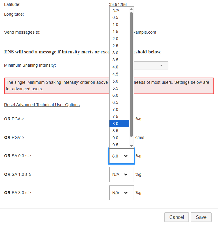 Notification Settings modal showing advanced technical user options with the SA(0.3) select box open 
            with values displayed at 0.5 intervals.