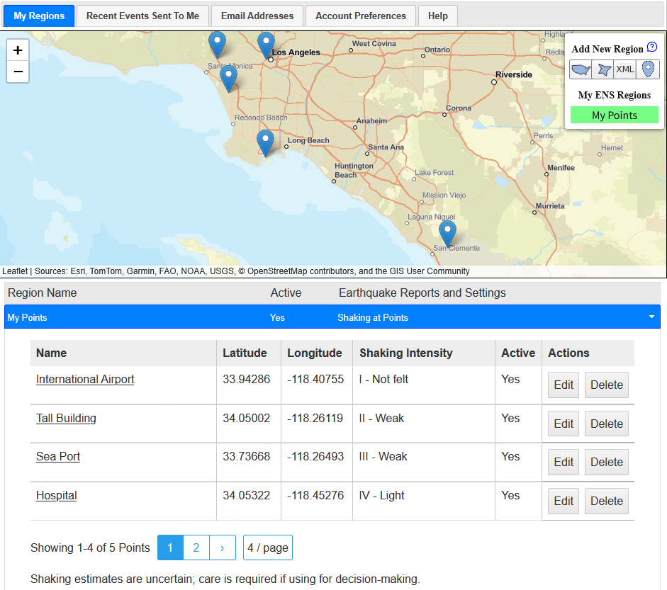 Map of southern California from Los 
            Angeles to San Clemente with 5 markers above the My Points table showing 4 of 5 points with pagination.