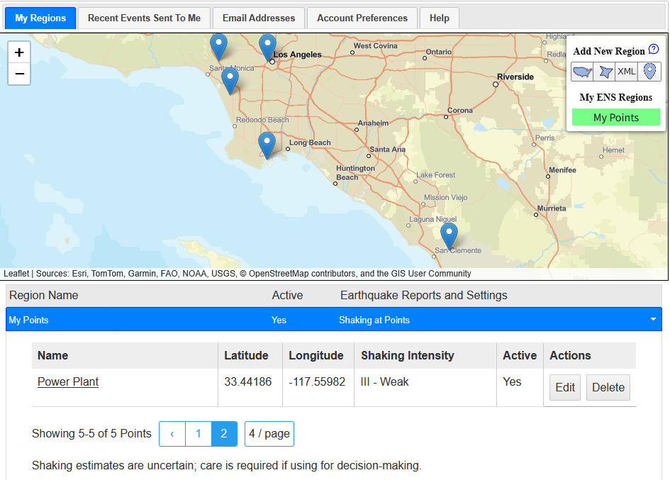 Map of southern California from Los 
            Angeles to San Clemente with 5 markers above the My Points table showing 1 of 5 points with pagination.