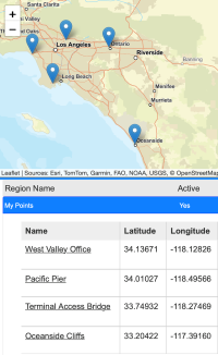Shaking at Points map showing 
                        sample user-placed markers in southern California, with a My Points table below listing details 
                        for 4 of 5 user points.
