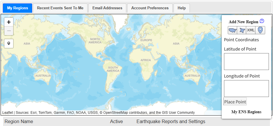 Map showing the Draw a marker 
            button on the left toolbar and the New Point Coordinates fields with a Place Point button in the panel.