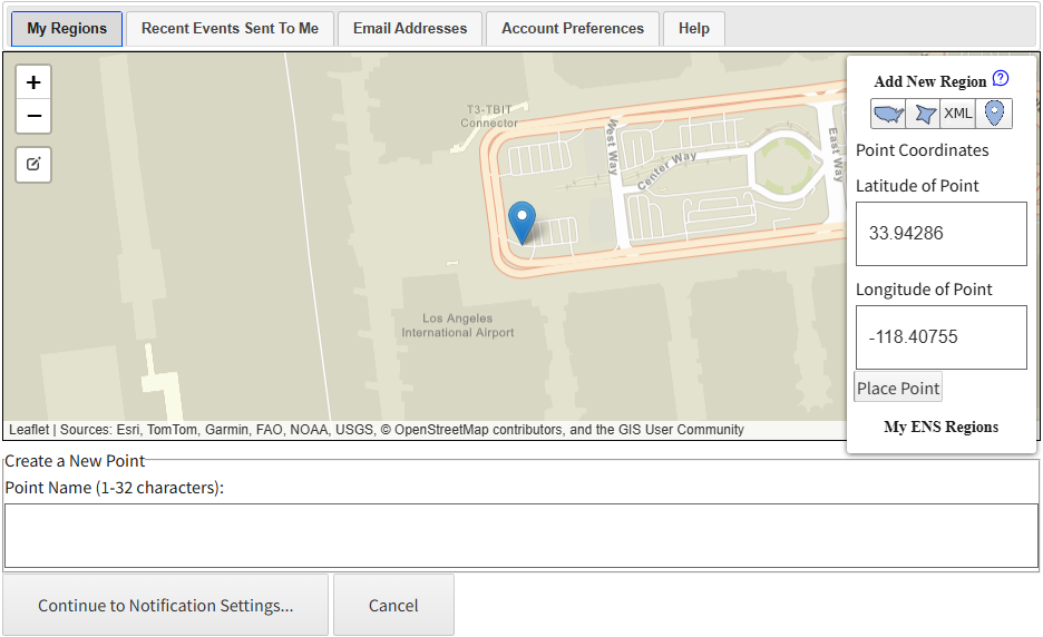 Map with a placed marker at Los 
            Angeles International Airport, the Edit button on the left toolbar, and the marker's coordinates populated 
            in the New Point Coordinates form in the panel.