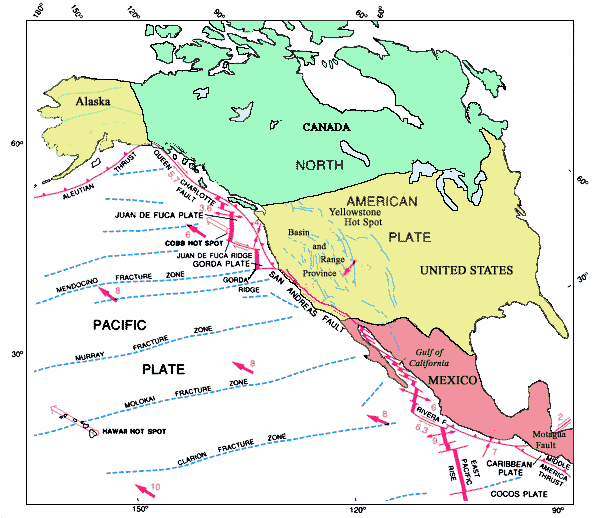 Map of Northeastern Pacific Basin, showing relation of the San Andreas fault as one element in the complex boundary between the North American and Pacific plates