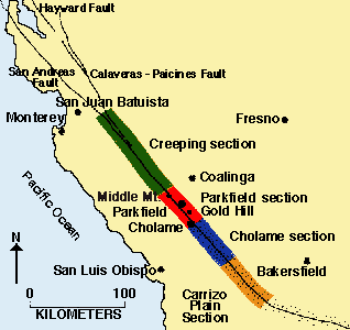 Map showing the Parkfield section of the San Andreas fault.