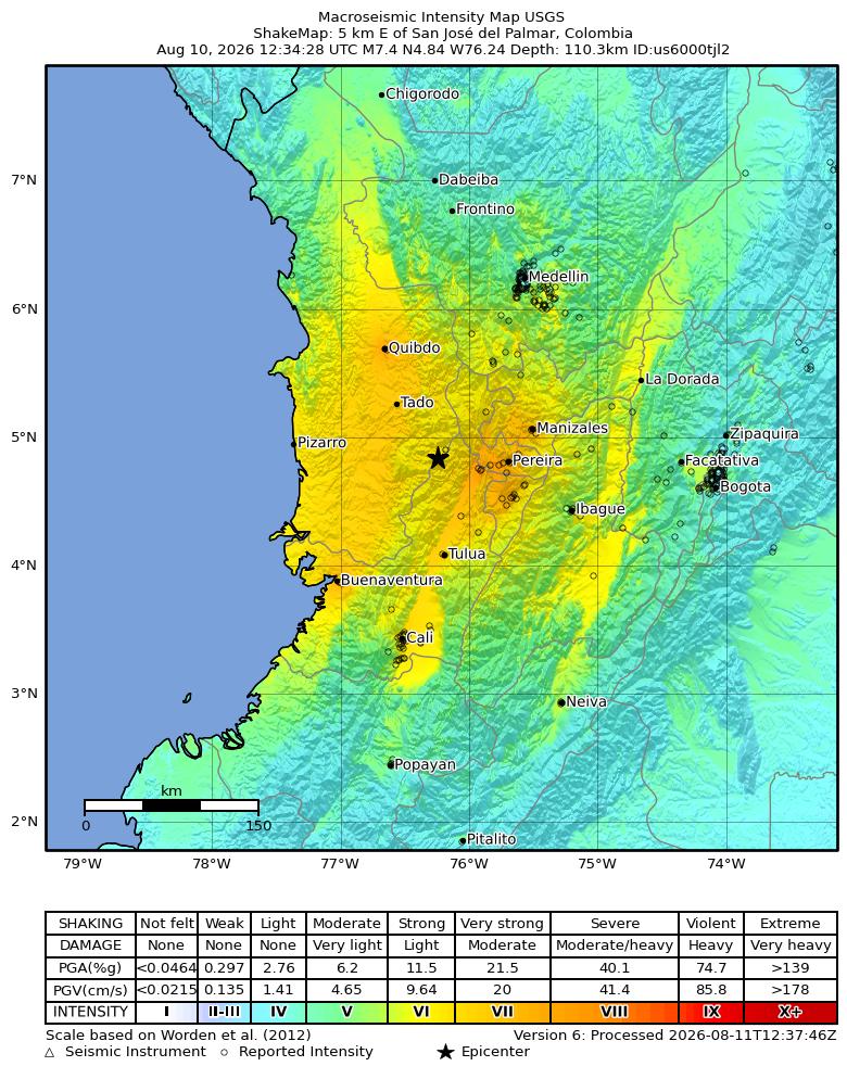 Mapa USGS de intensidad del terremoto de magnitud 7,4 en Colombia