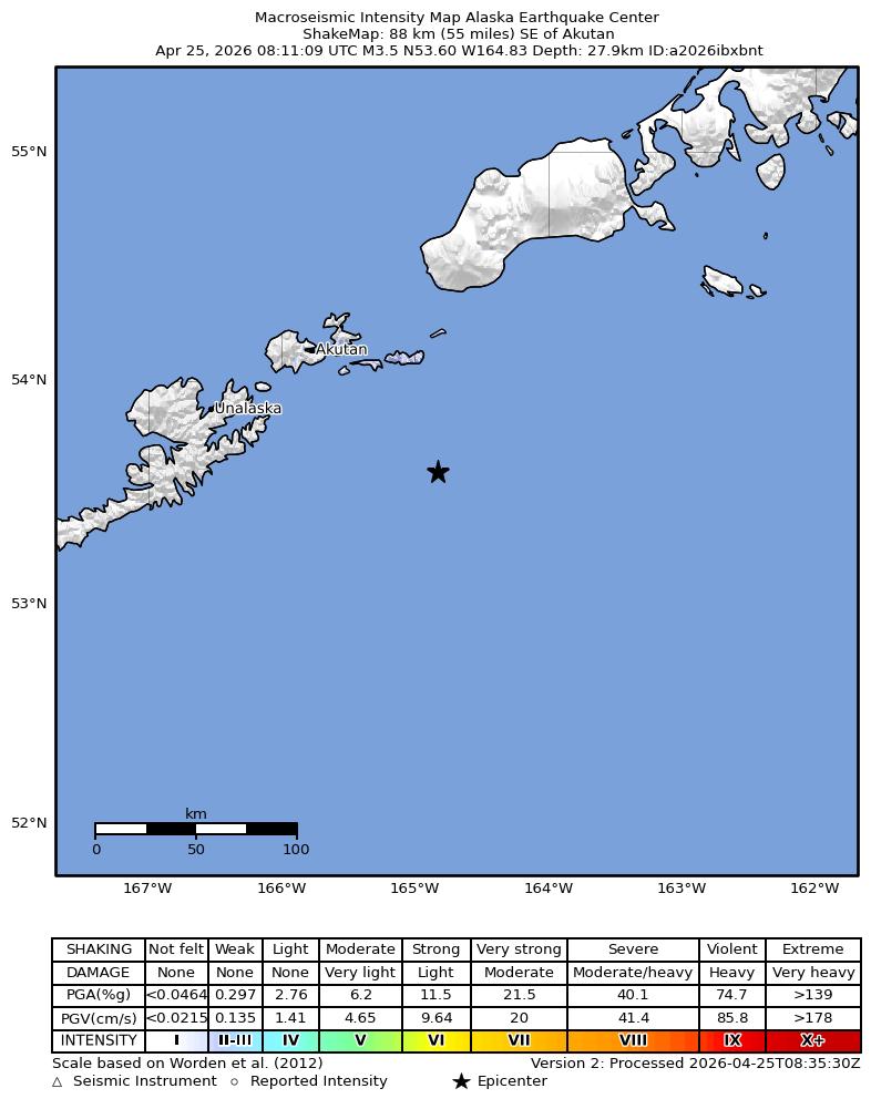 USGS ShakeMap intensity contours for the M3.4 earthquake near 80 km SE of Akutan, Alaska