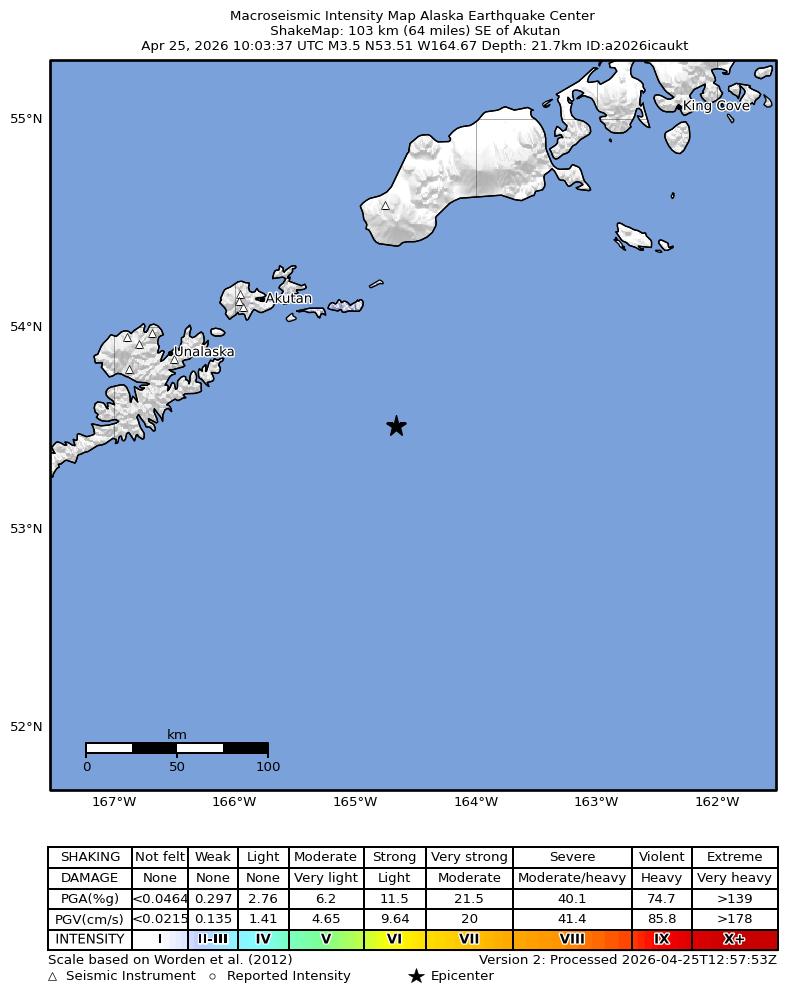 USGS ShakeMap intensity contours for the M3.5 earthquake near 100 km SE of Akutan, Alaska