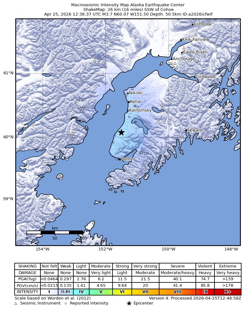 USGS ShakeMap intensity contours for the M3.7 earthquake near 9 km ENE of Ninilchik, Alaska