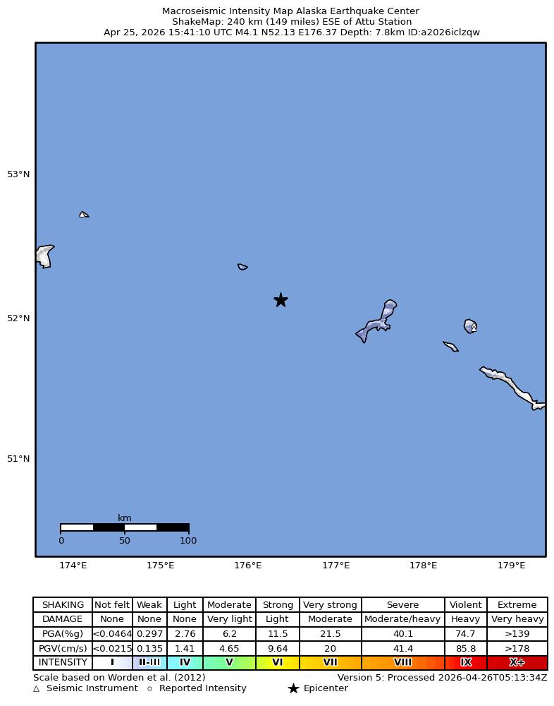 USGS ShakeMap intensity contours for the M4.1 earthquake near 230 km ESE of Attu Station, Alaska