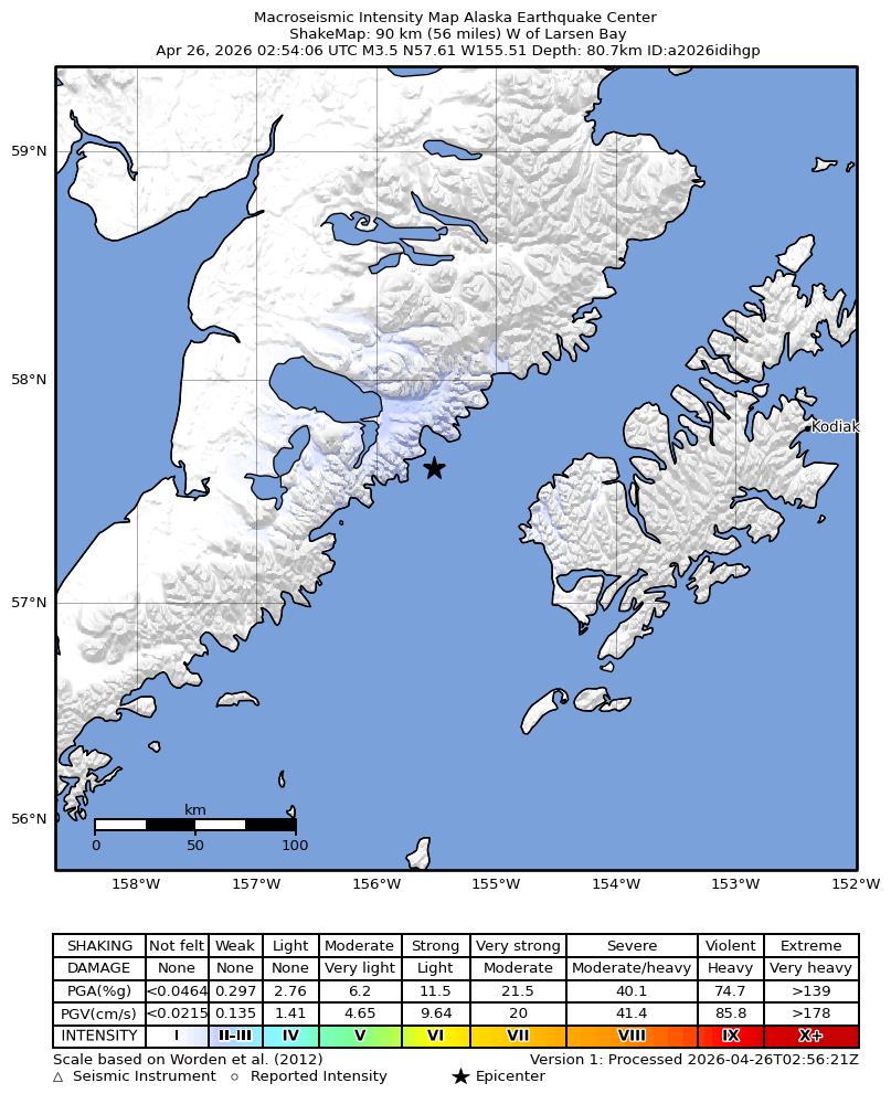 USGS ShakeMap intensity contours for the M3.4 earthquake near 63 km W of Karluk, Alaska