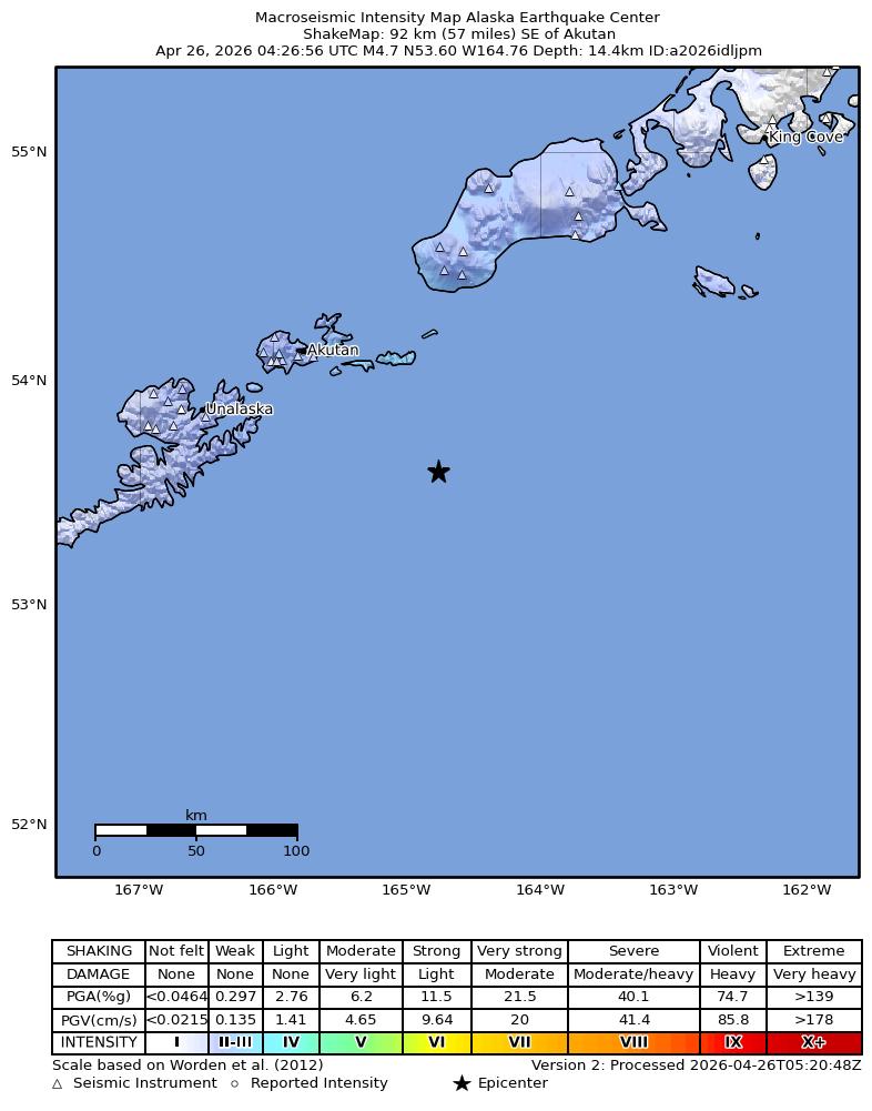 USGS ShakeMap intensity contours for the M4.6 earthquake near 78 km SE of Akutan, Alaska