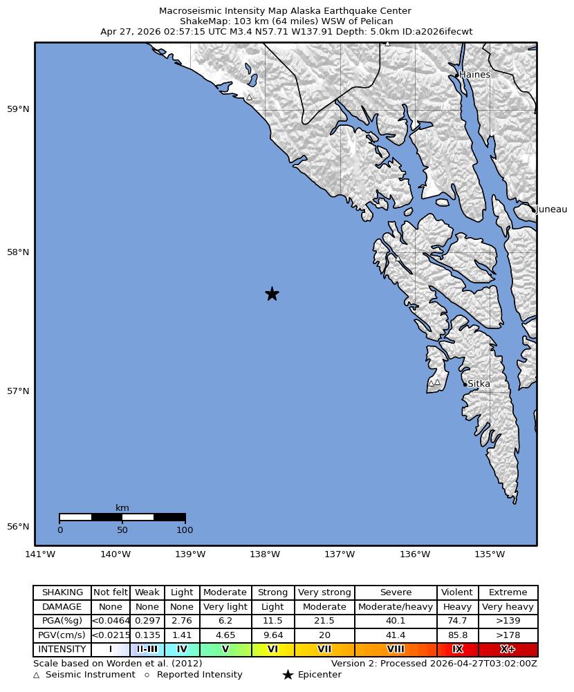 USGS ShakeMap intensity contours for the M3.4 earthquake near 103 km WSW of Pelican, Alaska