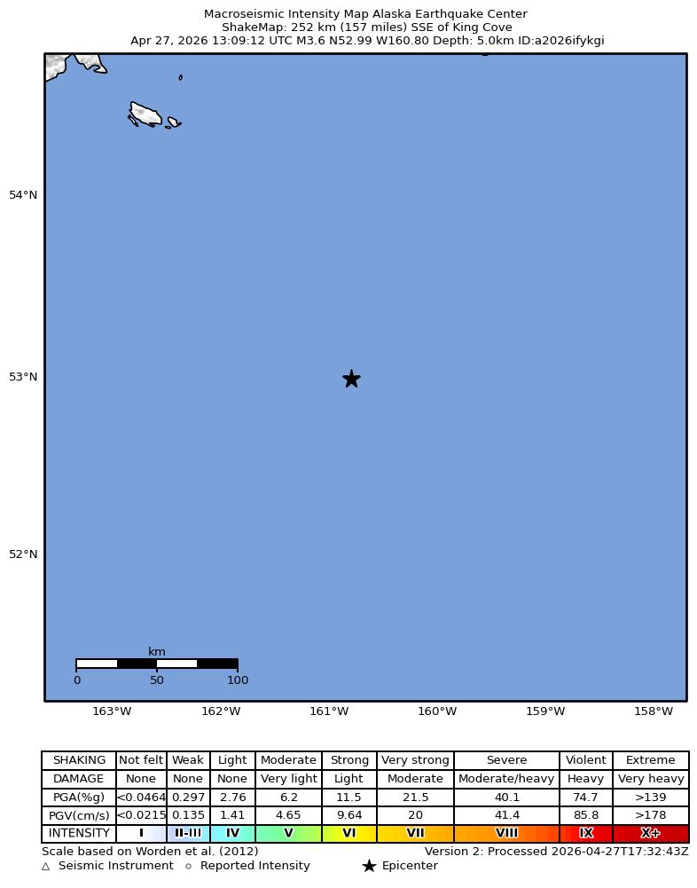 USGS ShakeMap intensity contours for the M3.6 earthquake near 251 km SSE of King Cove, Alaska