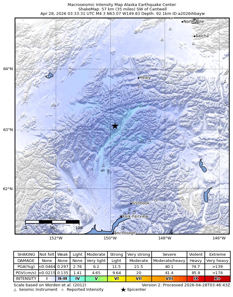 USGS ShakeMap intensity contours for the M4.3 earthquake near 57 km SW of Cantwell, Alaska