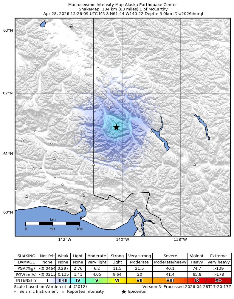 USGS ShakeMap intensity contours for the M3.8 earthquake near 143 km E of McCarthy, Alaska