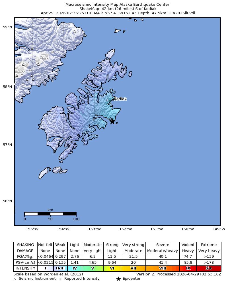 USGS ShakeMap intensity contours for the M4.2 earthquake near 24 km SSW of Chiniak, Alaska