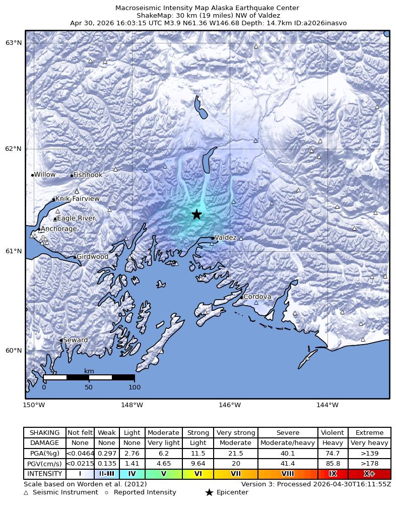USGS ShakeMap intensity contours for the M3.9 earthquake near 31 km NW of Valdez, Alaska