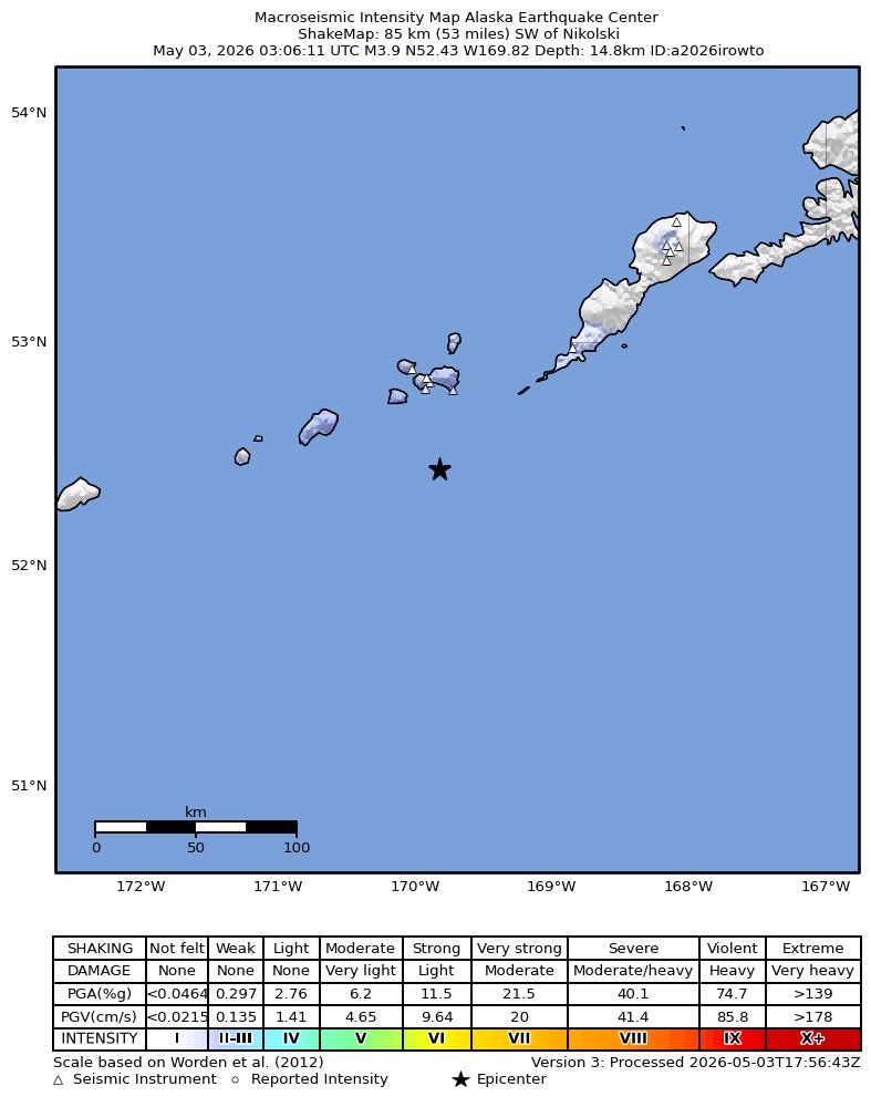 USGS ShakeMap intensity contours for the M3.9 earthquake near 85 km SW of Nikolski, Alaska
