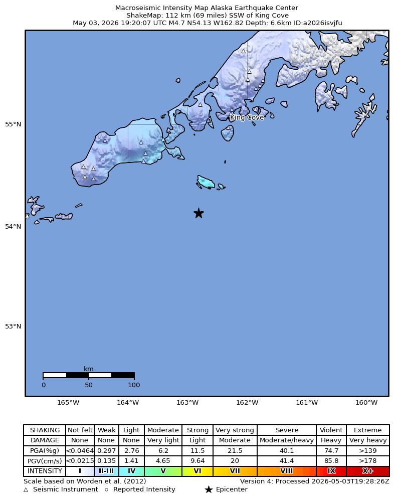 USGS ShakeMap intensity contours for the M4.6 earthquake near 80 km SSE of False Pass, Alaska