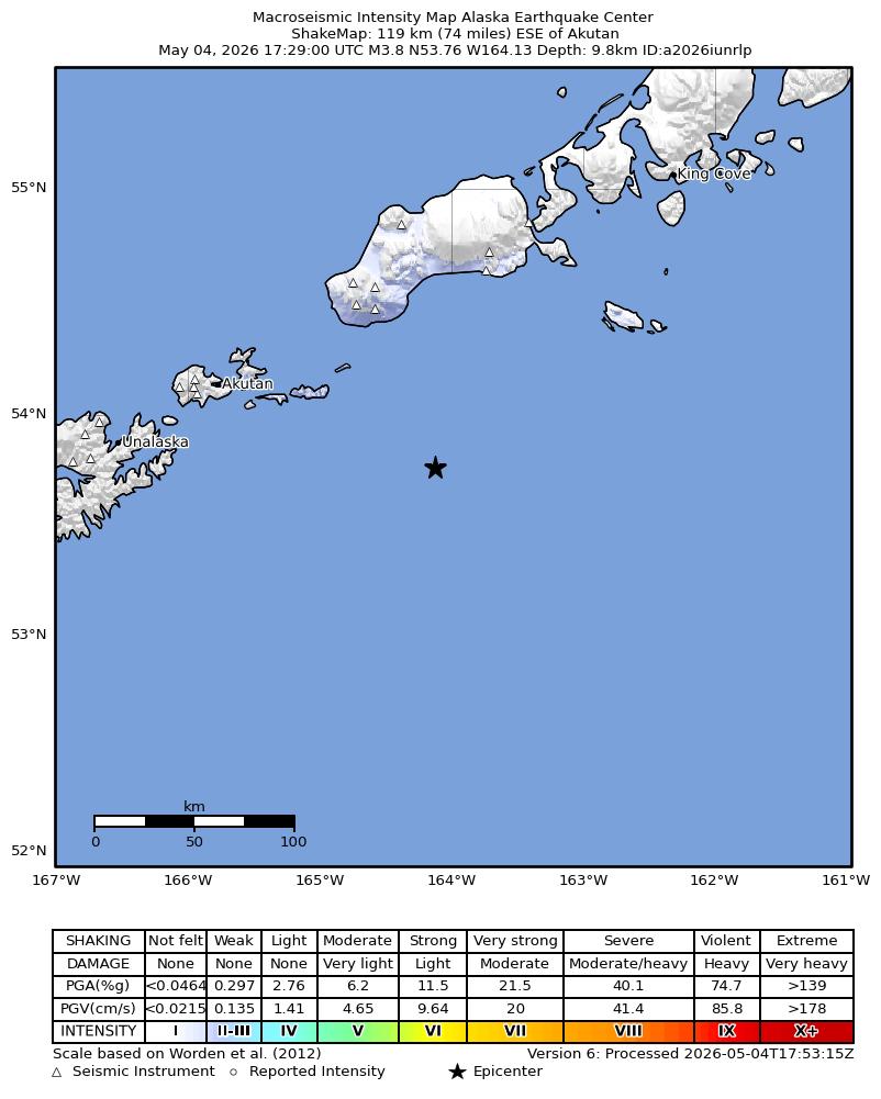 USGS ShakeMap intensity contours for the M3.5 earthquake near 120 km ESE of Akutan, Alaska