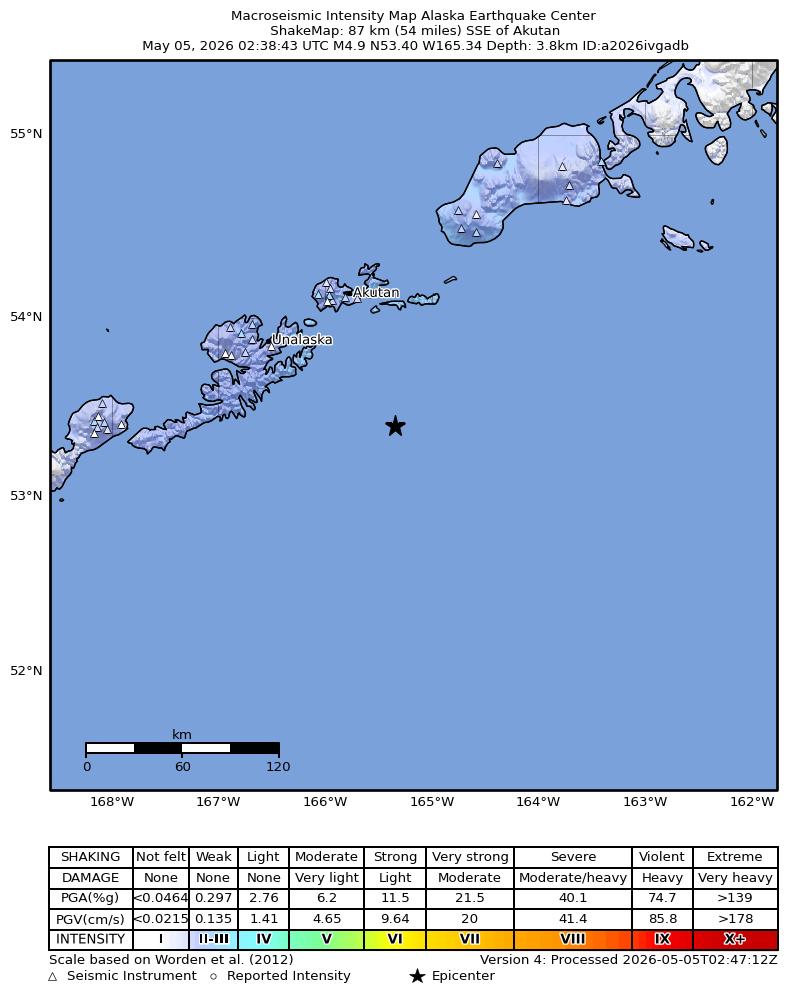 USGS ShakeMap intensity contours for the M4.7 earthquake near 55 km SSE of Akutan, Alaska