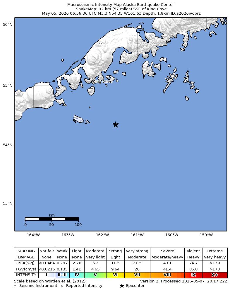 USGS ShakeMap intensity contours for the M3.3 earthquake near 91 km SSE of King Cove, Alaska