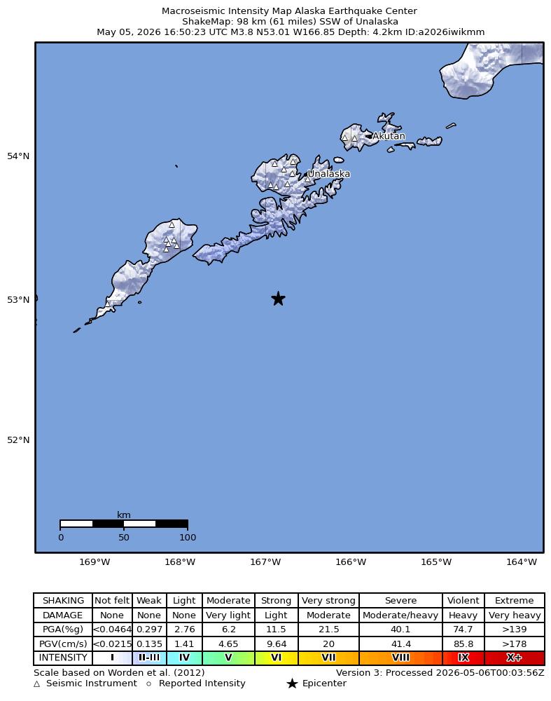 USGS ShakeMap intensity contours for the M3.8 earthquake near 98 km SSW of Unalaska, Alaska