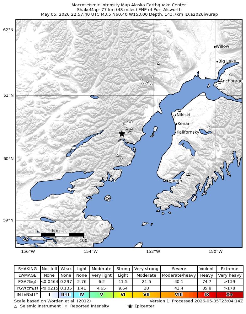 USGS ShakeMap intensity contours for the M3.4 earthquake near 76 km ENE of Port Alsworth, Alaska