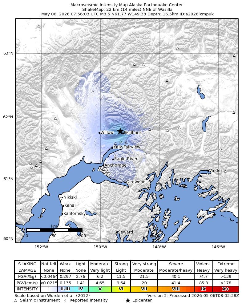 USGS ShakeMap intensity contours for the M3.5 earthquake near 6 km WNW of Fishhook, Alaska
