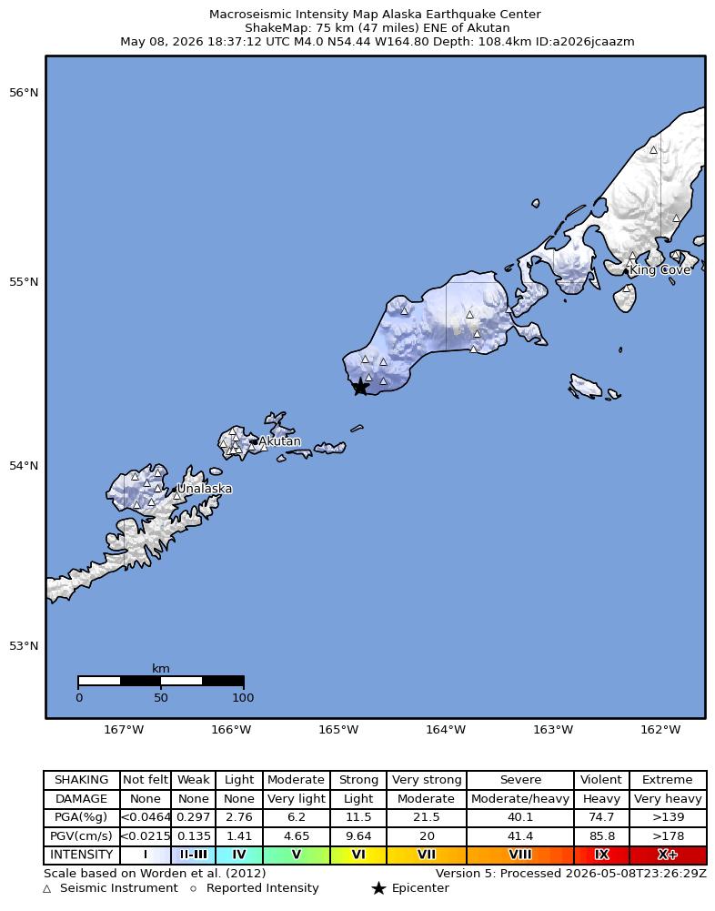 USGS ShakeMap intensity contours for the M4.3 earthquake near 68 km NE of Akutan, Alaska