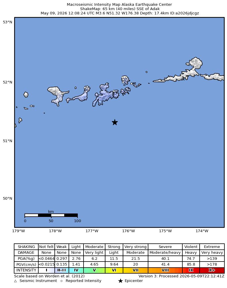 USGS ShakeMap intensity contours for the M3.6 earthquake near 63 km SSE of Adak, Alaska