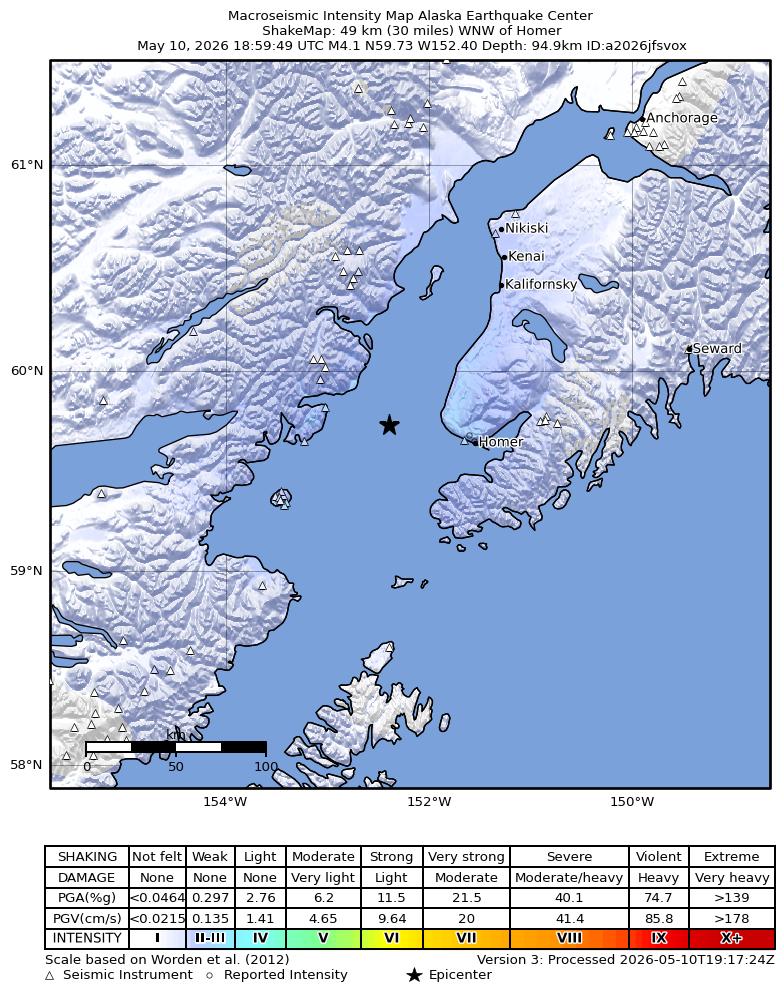USGS ShakeMap intensity contours for the M4.1 earthquake near 32 km W of Anchor Point, Alaska