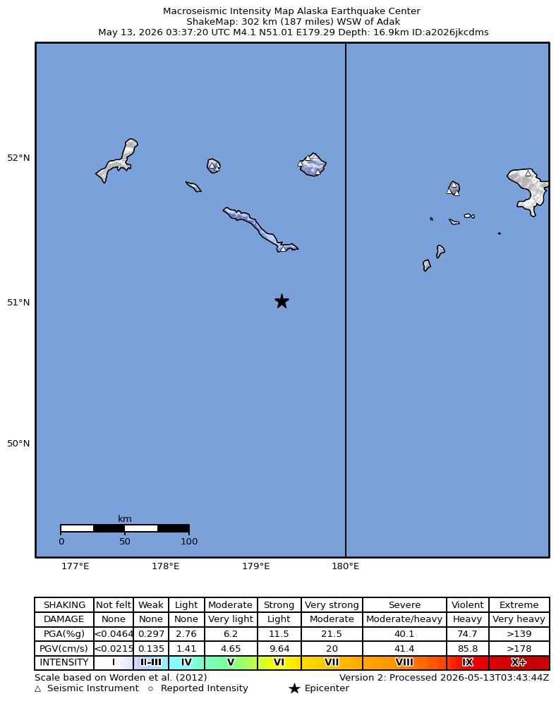 USGS ShakeMap intensity contours for the M3.9 earthquake near 295 km WSW of Adak, Alaska
