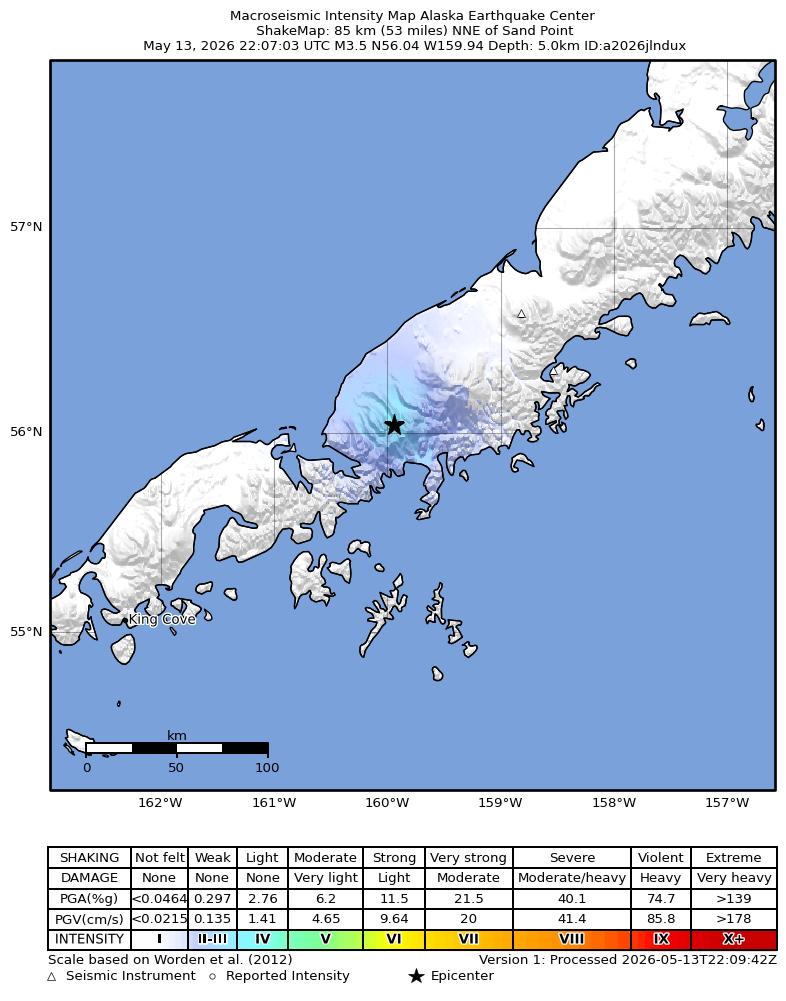 USGS ShakeMap intensity contours for the M3.5 earthquake near 32 km WNW of Ivanof Bay, Alaska