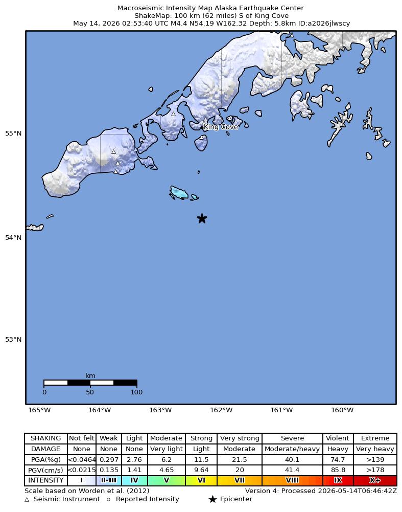USGS ShakeMap intensity contours for the M4.2 earthquake near 92 km SE of False Pass, Alaska