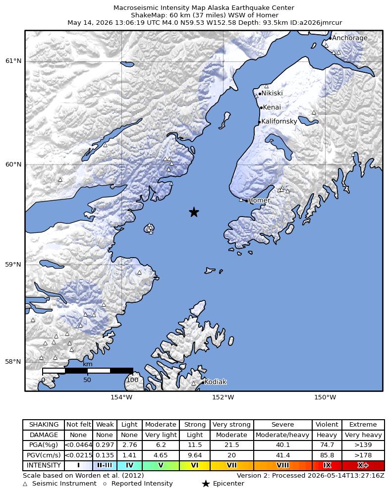 USGS ShakeMap intensity contours for the M4.0 earthquake near 42 km WNW of Nanwalek, Alaska