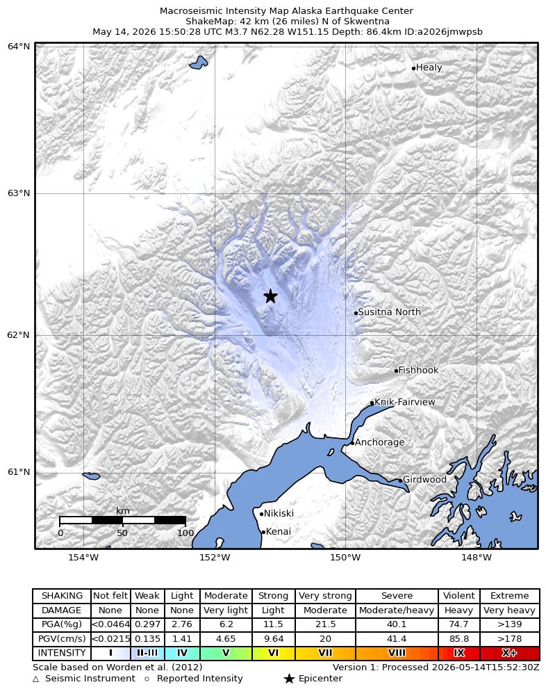 USGS ShakeMap intensity contours for the M3.7 earthquake near 31 km SW of Petersville, Alaska