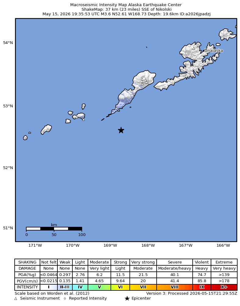 USGS ShakeMap intensity contours for the M3.5 earthquake near 20 km S of Nikolski, Alaska