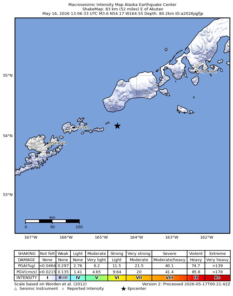 USGS ShakeMap intensity contours for the M3.8 earthquake near 72 km ENE of Akutan, Alaska