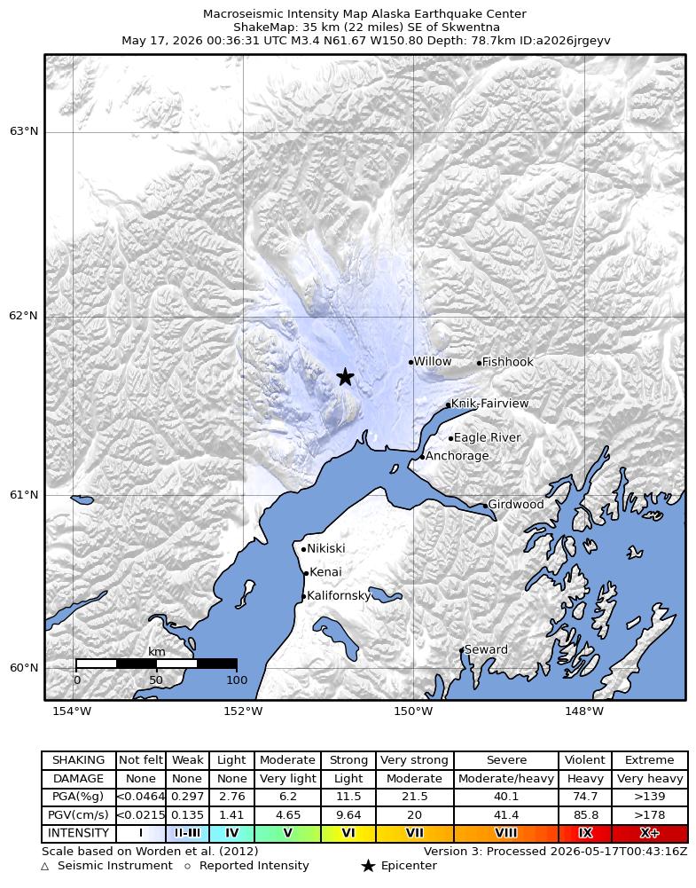 USGS ShakeMap intensity contours for the M3.4 earthquake near 20 km NW of Susitna, Alaska