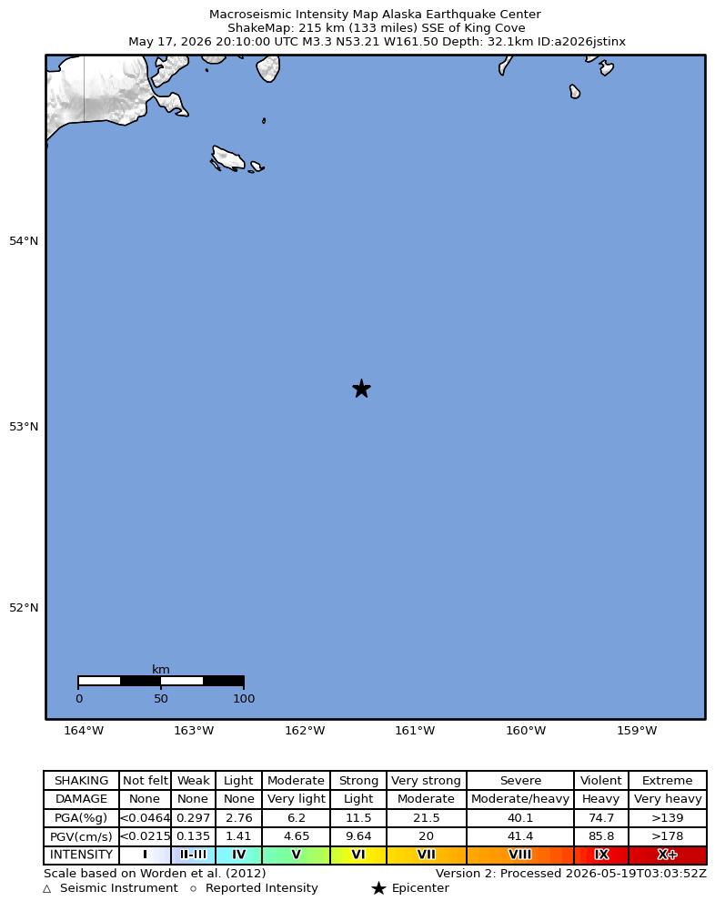 USGS ShakeMap intensity contours for the M3.3 earthquake near 213 km SSE of King Cove, Alaska