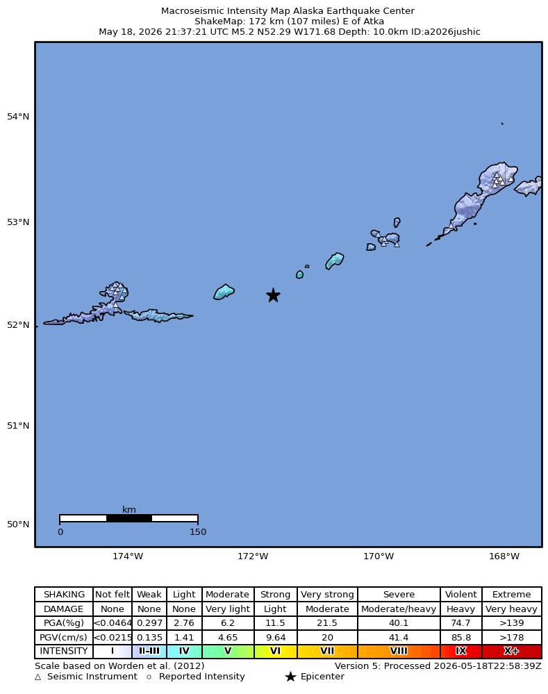 USGS ShakeMap intensity contours for the M4.9 earthquake near 168 km E of Atka, Alaska